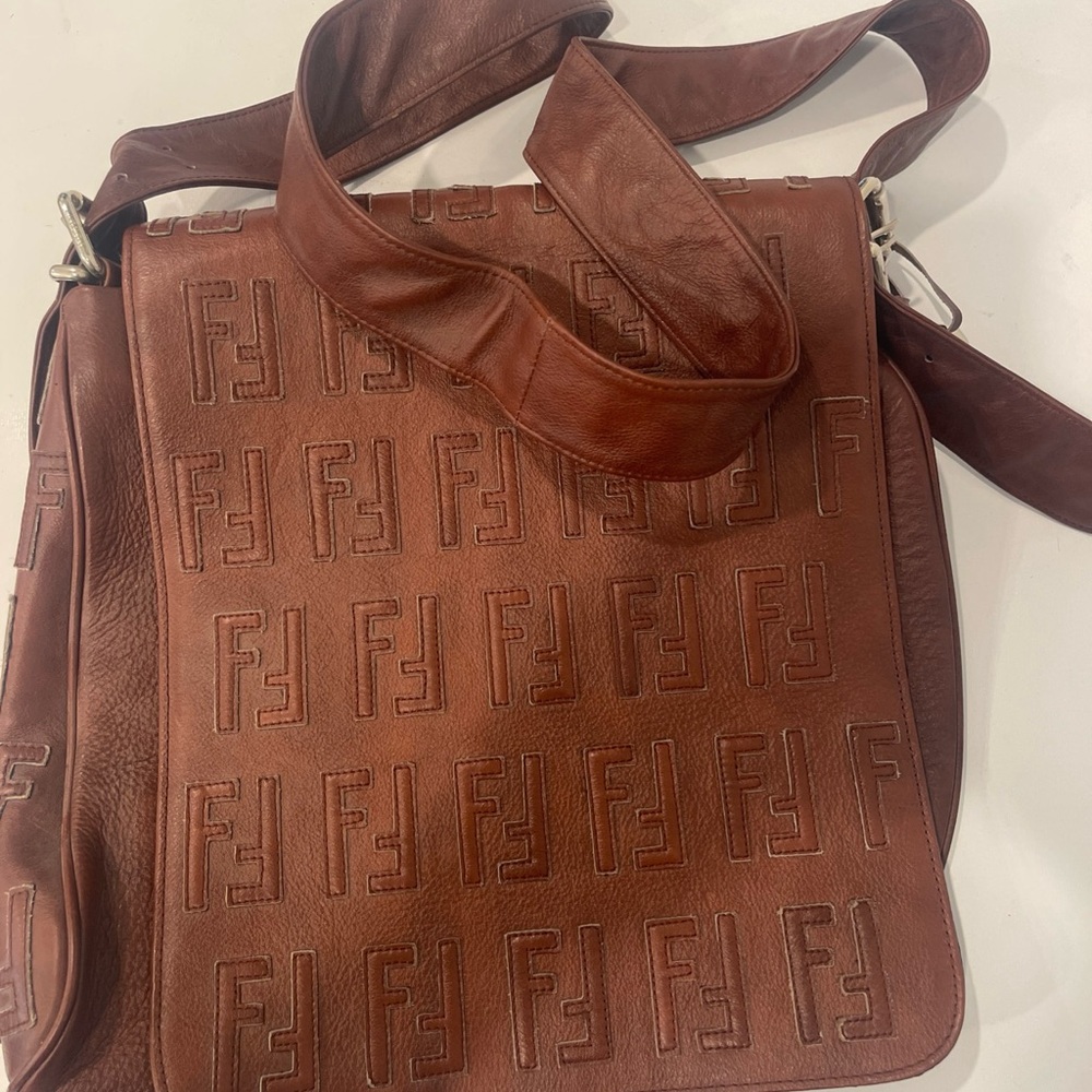 Fendi Brown Leather Messenger Bag with Embossed Pattern